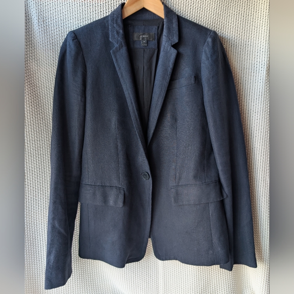 J Crew Solid Navy Blue 100% Linen One Button Regent Suit Blazer Women's Size 6T
